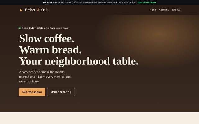 Screenshot of the Ember & Oak Coffee House concept site