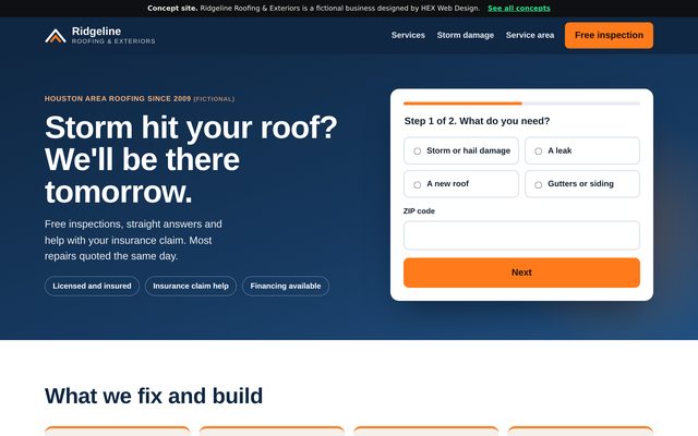 Screenshot of the Ridgeline Roofing & Exteriors concept site